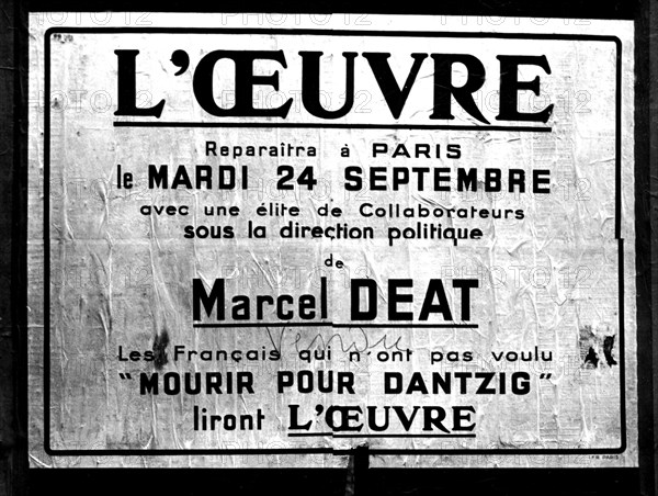 Advertisement poster for the newspaper "L'Oeuvre" by Marcel Deat, founder of the R.N.P. (Popular National Rally)