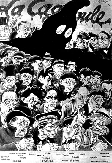 Caricature, parue dans le journal "Regards", contre la Cagoule (ligue d'extrême droite)