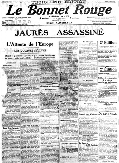 Une du journal "Le bonnet rouge". Assassinat de Jean Jaurès