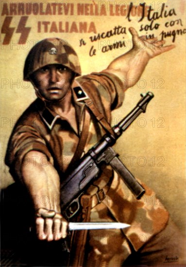 Drawing by Boccasile, Fascist propaganda poster for enlistment in the Italian S.S. Legion (1943)