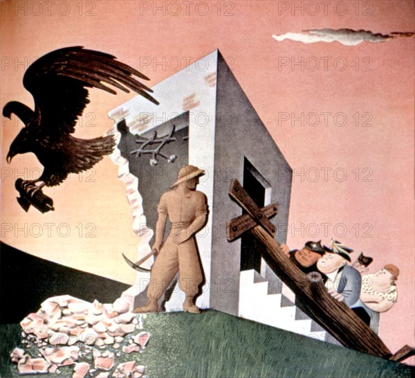 Drawing by Garetto: The Fascist eagle is flying away from the great powers watching him (1935)