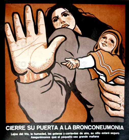 Poster advertising for health improvement, issued under Allende government: 'Close your door to bronchopneumonia'