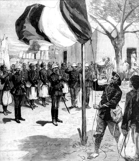 Mali. The capture of Timbuktoo. The French flag is raised over the main square