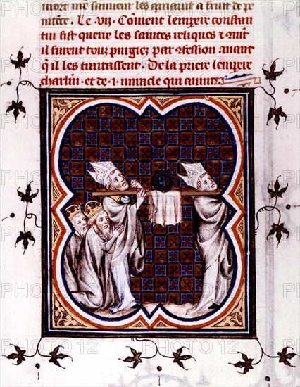 Great Chronicles of France. Charlemagne and Emperor Constantine kneeling in prayer before the holy relics carried by two bishops