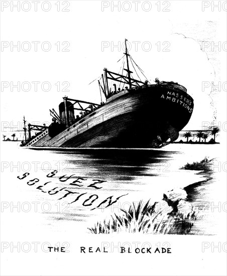 Caricature about the nationalization of the Suez canal by colonel Nasser