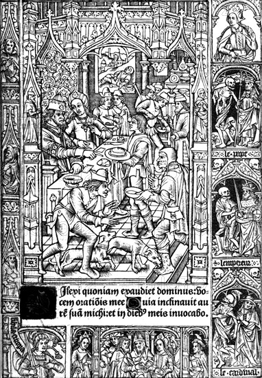 Anonymous engraving, scene of meal from "Heures à Lusaigne de Rome", for Simon Vostre