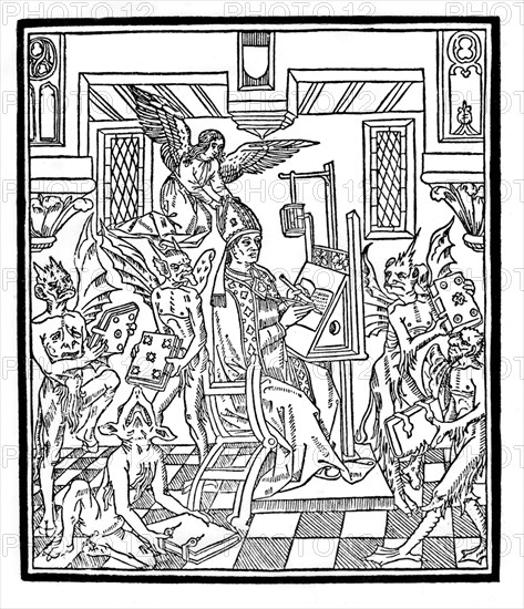 Gravure représentant Saint Augustin, entouré de diables, écrivant "La Cité de Dieu"