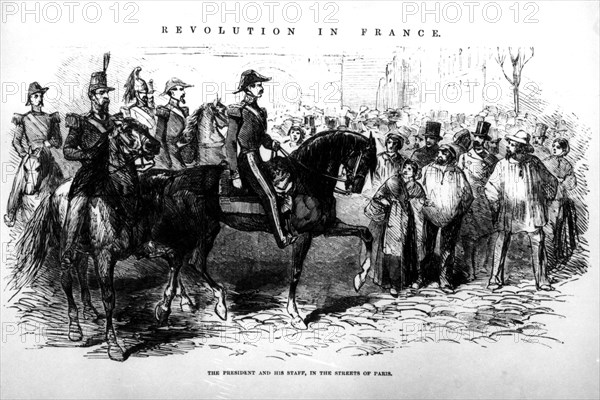 President Louis Napoleon Bonaparte in the streets of Paris with his staff, after his coup.