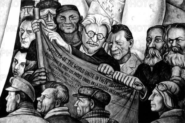 Fresco by Diégo Rivera. Léon Trotsky and the 4th International in front of all the nations of the world. On the r., Karl Marx. National Education Secretariat. Mexico City.