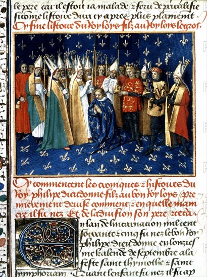 Miniature de Jean Fouquet. Chroniques de Saint-Denis. Couronnement de Philippe Auguste dans la cathédrale de Reims en présence du duc de Normandie, fils du roi Henri II d'Angleterre (1er novembre 1179)