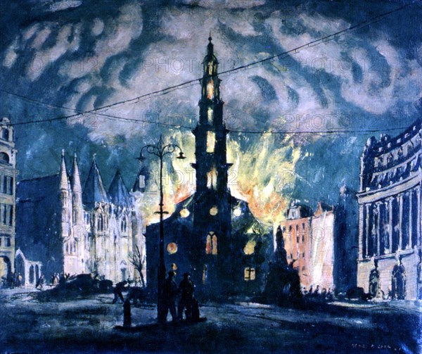 H. Carr, London, St. Clement's church on fire after a bombing