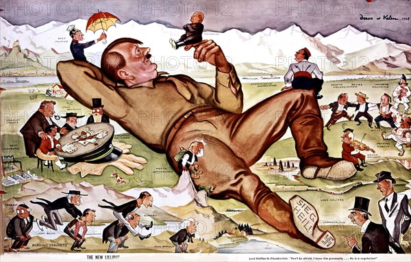 Caricature de Derso et Kelen. A la conférence de Munich, Hitler joue avec tous les hommes d'Etat (1938)