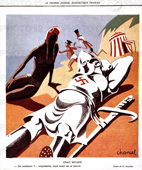 Satirical cartoon by Chancel. France flirting with Germany (1934)