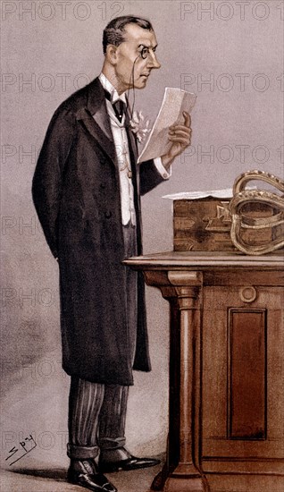 Satirical cartoon by Spy. Portrait of Joseph Chamberlain