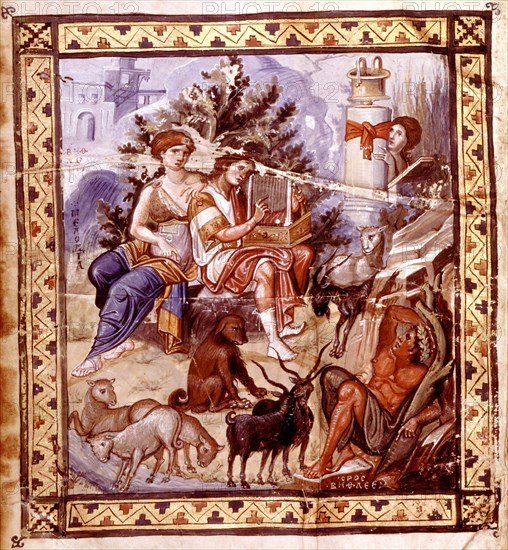 Psalter with comment. David playing the lyre while watching over the city of Bethlehem.