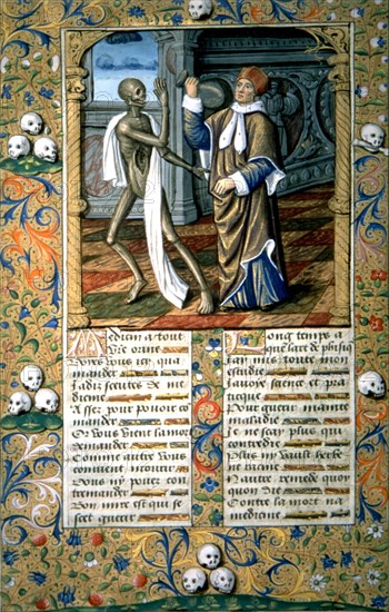 Dance of death. Death dragging a doctor holding a jar