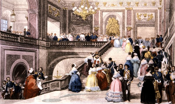 Lithograph by Eugène Lami (1800-1890), great festivities at the Versailles castle