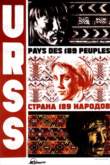 Affiche publicitaire pour encourager le tourisme en U.R.S.S. : "L'U.R.S.S. pays des 189 peuples"