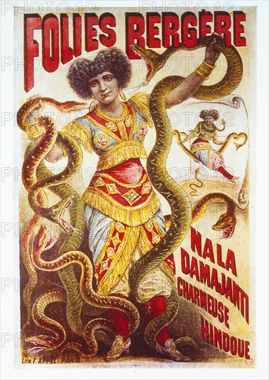 Affiche publicitaire pour un spectacle aux Folies-Bergère "La charmeuse hindoue"