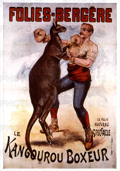 Affiche publicitaire pour un spectacle aux Folies-Bergère "Le kangourou boxeur"