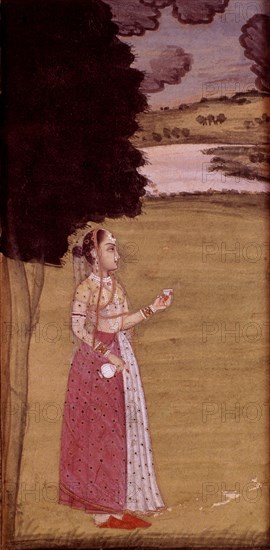 Miniature indienne. Ecole de Lucknow. Femme à la bouteille