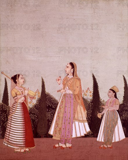 Miniature indienne. Ecole de Lucknow. Princesse et ses suivantes