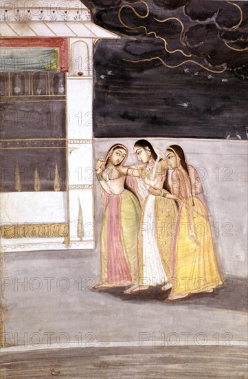 Miniature indienne. Ecole de Lucknow. Princesse et ses suivantes