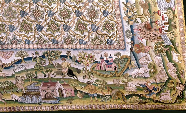 Embroidered tapestry representing scenes of English life