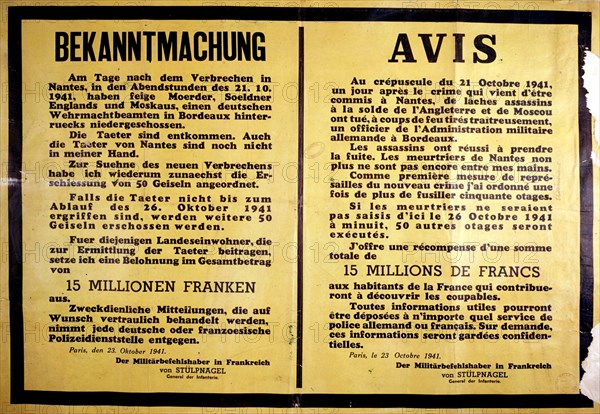 Affiche allemande de représailles (1941)