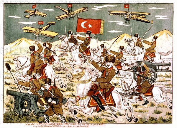 Turkish popular print, Mustapha Kemal (Attaturk) attacking the Greeks in Sekariae