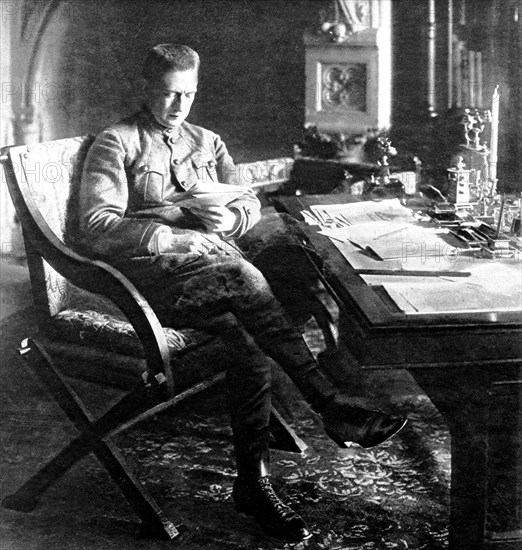 President of the Russian council Mr. Kerensky, in the office of ex-tsar Nicolas II at the winter palace in Petrograd