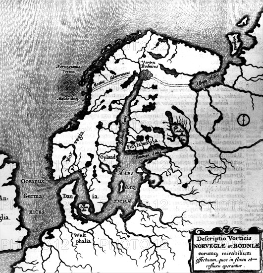 A. Kircher. "Mundus suntarreaneus". Description de la Norvège et des miraculeux flux et reflux de marées