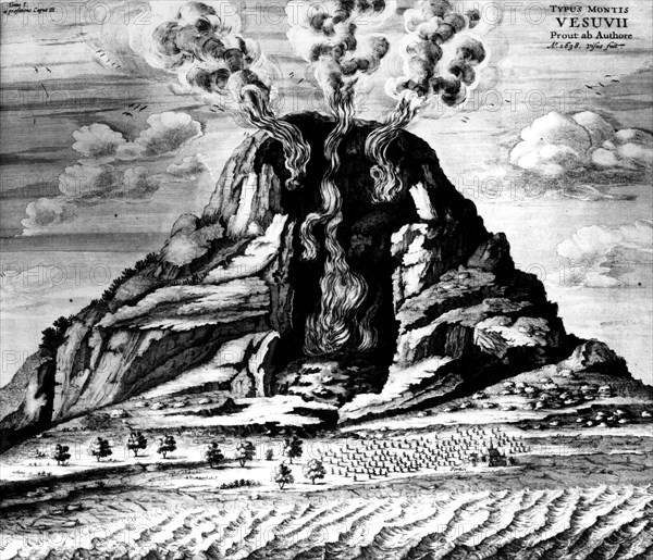 A. Kircher. "Mundus suntarreaneus". Vue du Vésuve