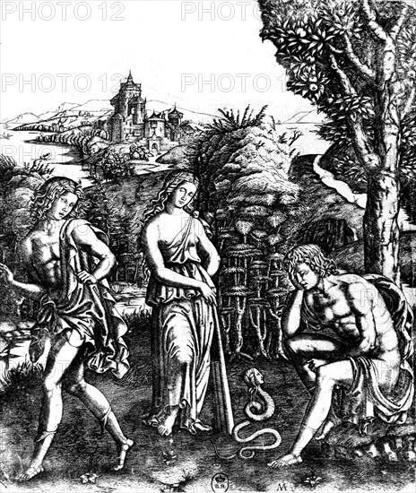 A rather mysterious allegory: a woman, two men and a snake. The theory is that the woman will give herself to he who is seduced by the serpent