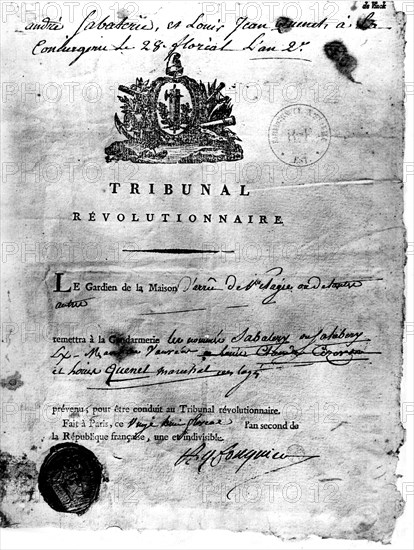 Mandate to come before the Revolutionary Court signed by Fouquier-Tinville (1746-1795)