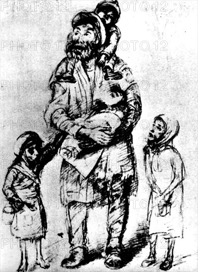 Ghetto de Varsovie. Dessin de Roman Kramsztyk (qui vivait dans le ghetto de Varsovie). Homme et enfants