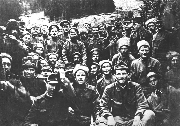 Russian and Austrian soldiers fraternizing on the front, after the Russian revolution of 1917