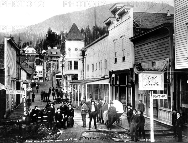 Vue d'une petite ville en Alaska pendant la ruée vers l'or