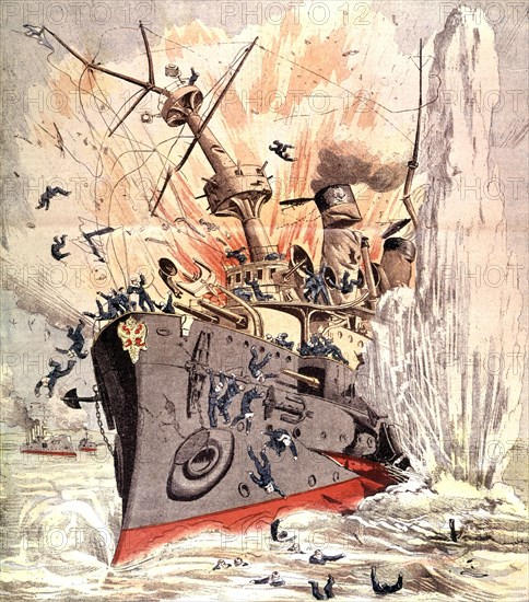 War ship "Petropavlosk" torpedoed, 1904