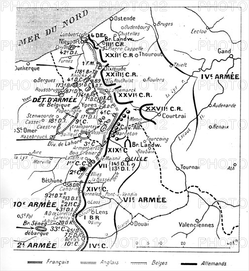 Le front franco-anglo-belge et le front allemand au moment où commence la bataille de l'Yser