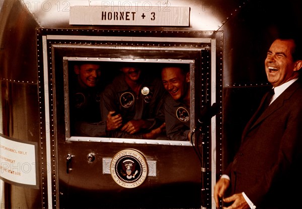 Upon Apollo II's historic moon landing, US President Nixon talking to the three astronauts (1969)