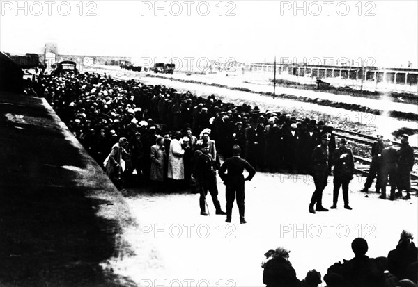 Train arriving in Auschwitz: selection on the platform