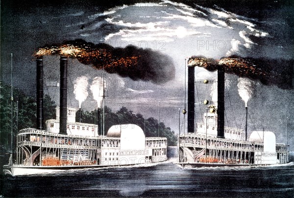 Currier and Ives, Course de nuit sur le Mississipi par des bateaux à roues