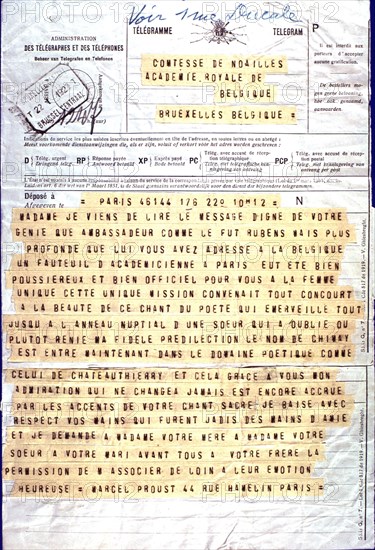 Telegram sent by Marcel Proust to Anna de Noailles