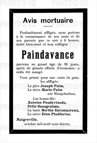 Prospectus satyrique sur la disette en France, 1917
