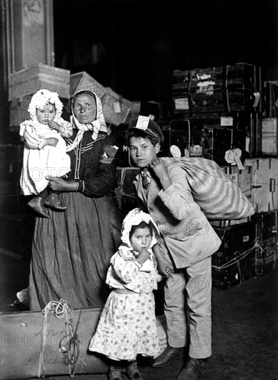 Photograph by Lewis Hire. Italian emigrants arriving in New York harbour