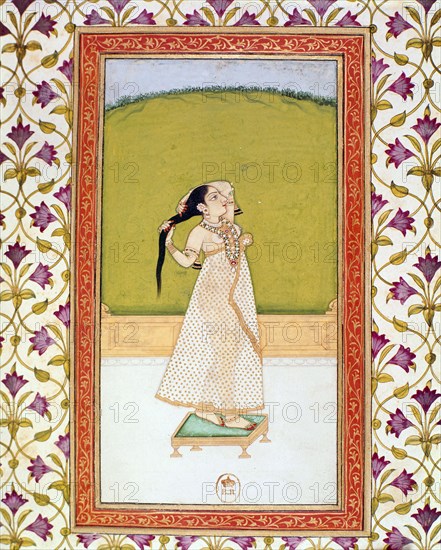 Indian miniature, Woman combing her hair