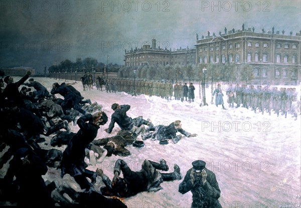 Vladimirov painting: Shooting of the workers in front of the Winter Palace, January 9, 1905
