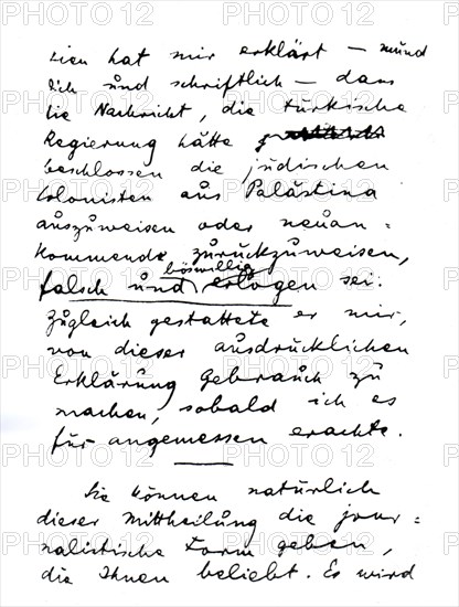 Letter of Herzl denying the expulsion of the Palestinians