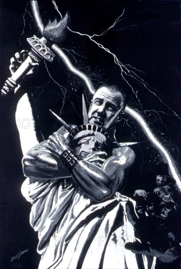 Poster showing President Johnson strangling the Statue of Liberty